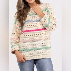 BiBi~ Women’s Long sleeve Chunky Knit Rounded Neck stylish Striped‎ Sweater Med